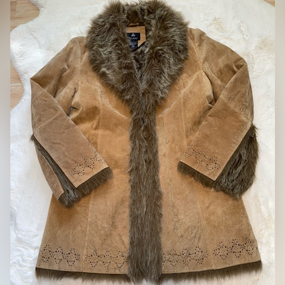 🌻Vintage 90s Y2K Faux Fur Lined DB Studio Tan Leather Penny Lane Vibes Coat✨ - Picture 8 of 16